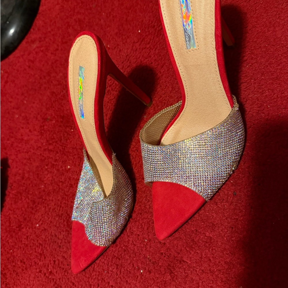 Red Crystal-Embellished Pointed Toe Stiletto Heels